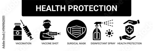 Health Protection web banner icon vector illustration concept with icons of vaccination, vaccine shot, surgical mask, disinfectant spray, and health protection.