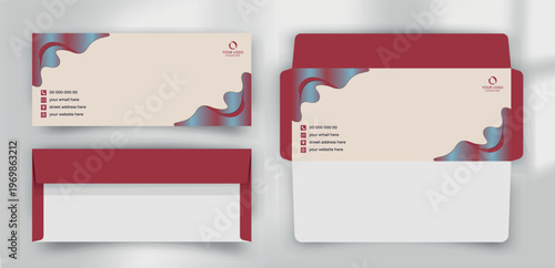 Modern Red and Blue Metallic Gradient Wave Business Envelope Template
