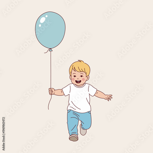 Happy little boy running with light blue balloon illustration