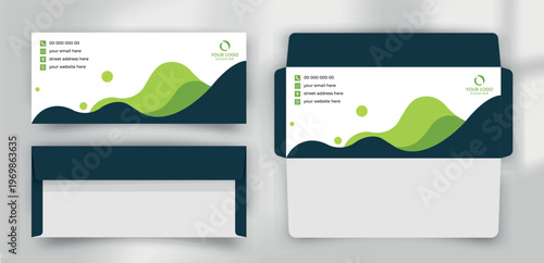 Modern Navy and Lime Green Layered Wave Business Envelope Template

