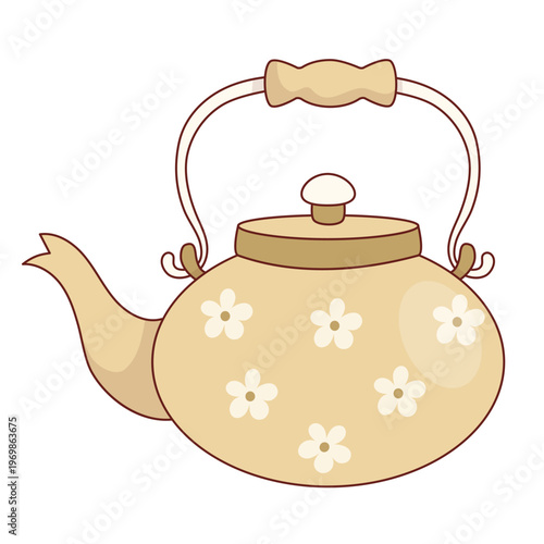 Artisan Beige Ceramic Teapot with Floral Daisy Pattern. Handcrafted Pottery Kettle for Cozy Tea House Branding. Rustic Stoneware Infuser. Vector Illustration.