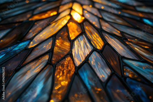 Colorful stained glass window with intricate geometric patterns illuminated by sunlight, showcasing vibrant hues of blue, orange, and amber in a decorative design