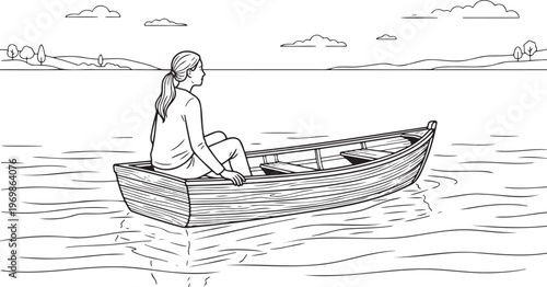 Woman sitting in rowboat on calm water scenic landscape background