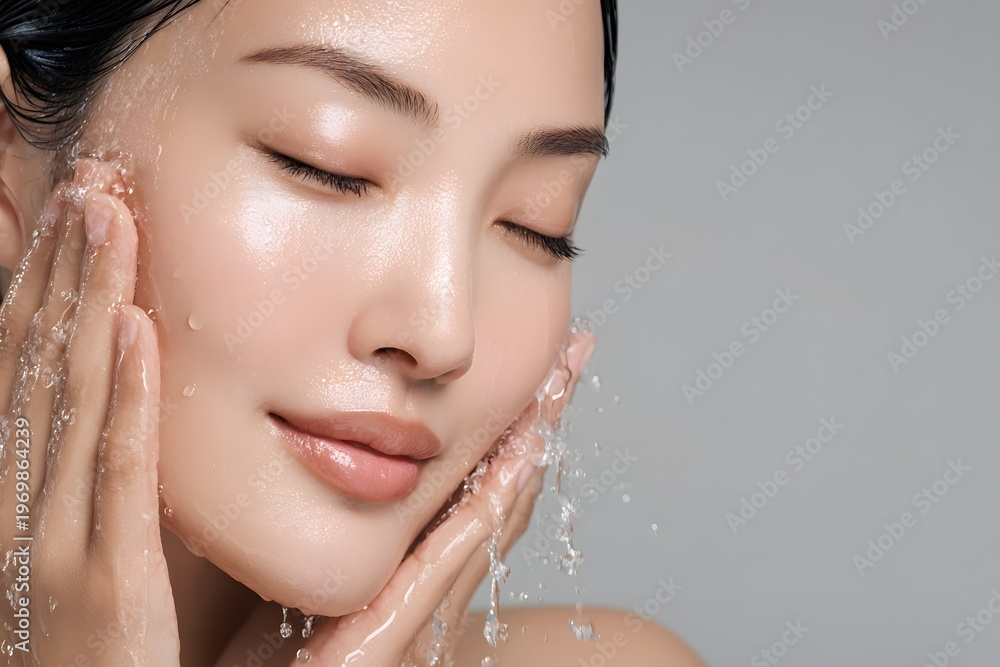 Naklejka premium Woman gently washing face with water glowing clean skin skincare routine close up