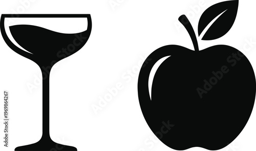 Contrasting icons of a wine glass and an apple with a leaf isolated on white background, Vector