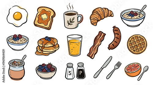 Delicious breakfast spread with fried egg toast coffee croissant oatmeal juice bacon sausage waffle and fruit for a healthy morning meal