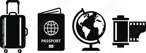 Essential travel icons depicting a journey with luggage, passport, globe, and camera. isolated on white background, Vector