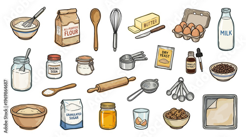 Baking ingredients and tools arranged for a delicious homemade recipe, illustrating the art of baking and culinary preparation