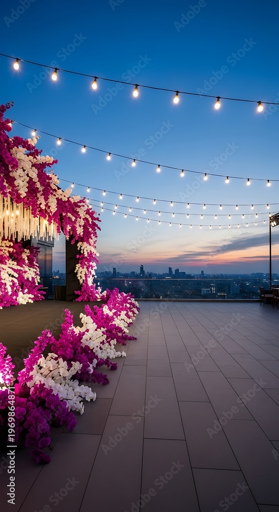 Obraz premium Rooftop terrace decorated with vibrant flowers and string lights at dusk with city skyline view