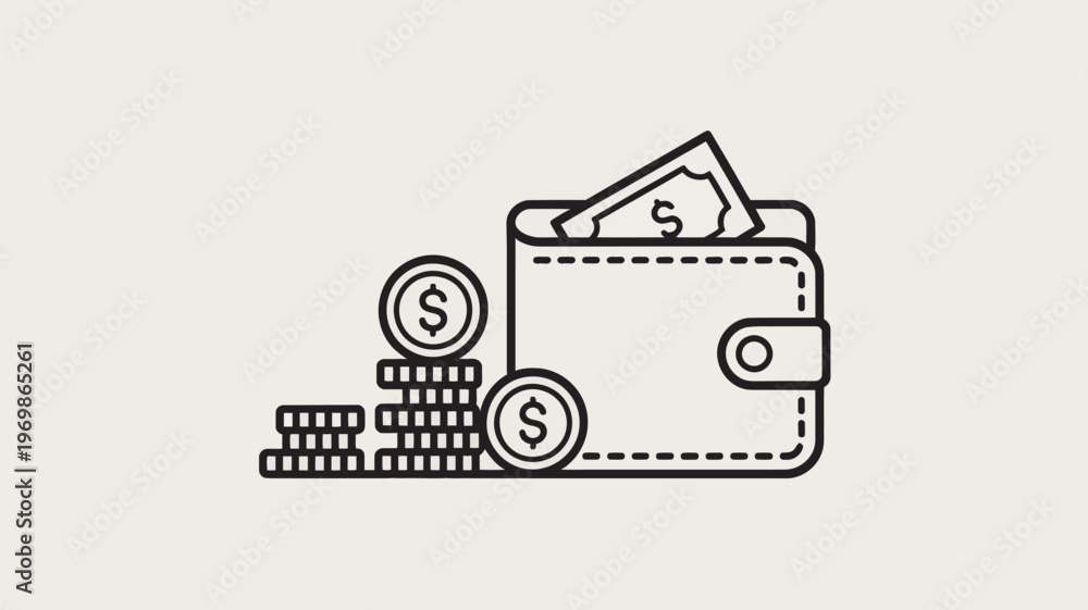 Naklejka premium A simple line drawing of a wallet with money and coins on a plain background.