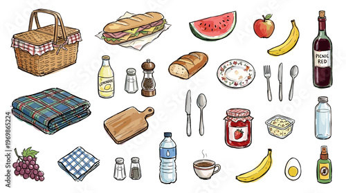 Delicious picnic spread with fresh food, drinks, and basket on a checkered blanket, perfect for outdoor dining and summer gatherings