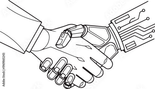 A futuristic handshake between human and robotic hands showcasing technological connection silhouette