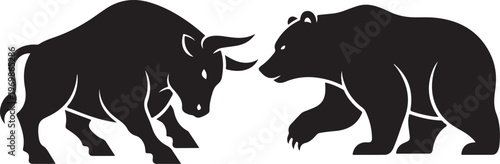 A dramatic confrontation between a bull and a bear in stark silhouette