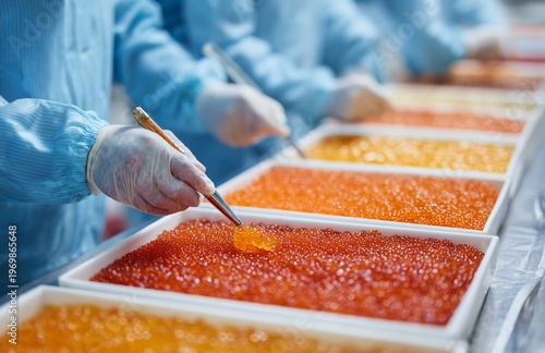 Employees in protective clothing and gloves check the red caviar on the production line. A close-up shot shows manual quality control of the product using a tool.