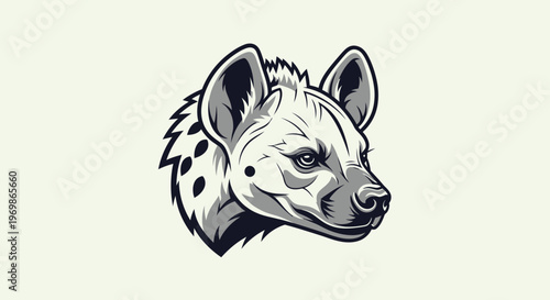 Stylized black and white illustration of a spotted hyena head, depicted with a strong and focused expression, suitable for a logo or emblem.