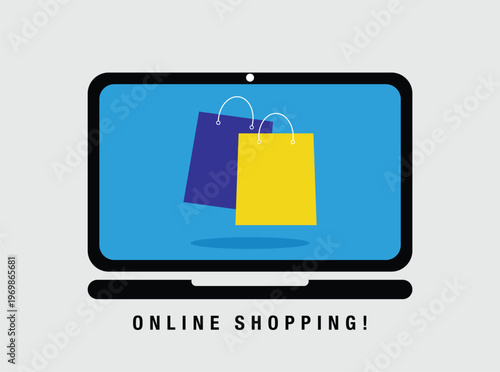 Online Shopping Vector Illustration with Laptop on Gray Background, Modern E-commerce Design. Its represents e-commerce, digital purchasing, and online retail concepts. Ideal for websites, mobile apps