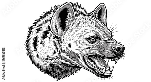 Detailed black and white illustration of a snarling hyena head with bared teeth, showcasing its fierce expression and spotted fur.