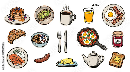 Delicious breakfast spread with pancakes, eggs, bacon, coffee, juice, croissant, cereal, jam, and teapot illustration