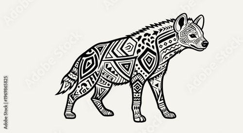 Stylized illustration of a hyena with intricate tribal patterns, black and white drawing.