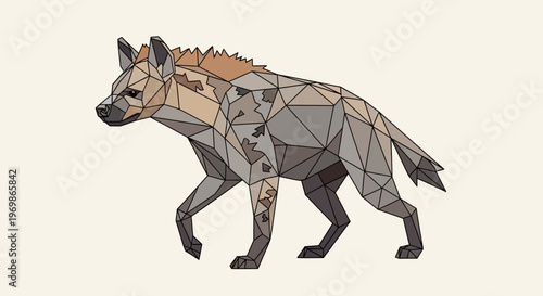 A geometric low-poly illustration of a spotted hyena walking, rendered with angular shapes and a brown and grey color palette on a plain background.