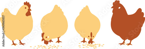 Four cartoon chickens eating feed on the ground together