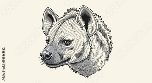Detailed black and white illustration of a hyena's head with striped fur, depicted in a realistic and artistic style, looking to the left.