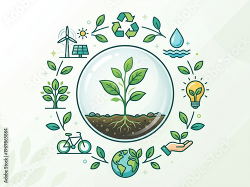Sustainable ecosystem concept with a thriving green seedling protected inside a glass dome surrounded by renewable energy symbols like wind turbines solar panels