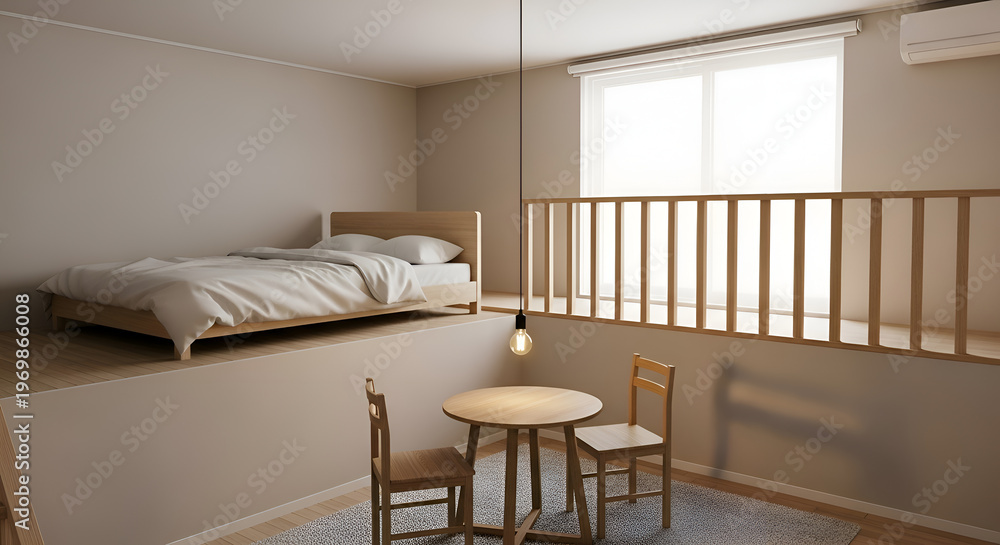 Fototapeta premium Minimalist room with bed and table.