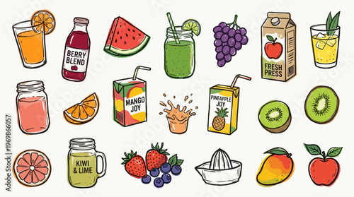 Vibrant collection of fresh fruit juices and smoothies in assorted containers with whole fruits and juicing accessories, healthy lifestyle concept