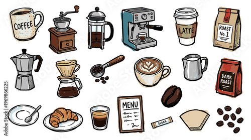 Collection of hand-drawn coffee shop elements including espresso machine grinder French press cups beans and pastries for cafe or beverage concepts