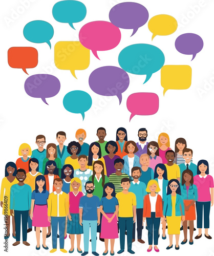 Diverse group of people communicating with colorful speech bubbles