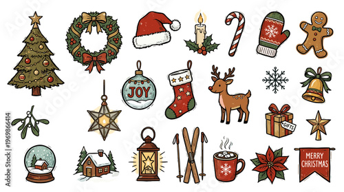 Festive Christmas Icons Collection Hand Drawn Elements for Holiday Season Design and Decoration