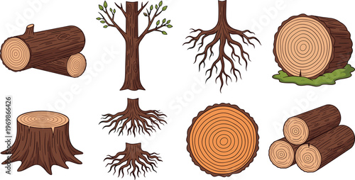 Set of Tree and Log Illustrations, Featuring Tree Stumps, Branches, Roots, and Cut Logs with Detailed Cross-Sections