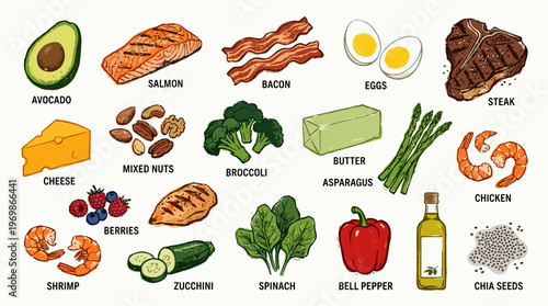 Healthy Keto Diet Foods Assortment Avocado Salmon Bacon Eggs Steak Cheese Nuts Broccoli Butter Asparagus Shrimp Chicken Berries Zucchini Spinach Bell Pepper Olive Oil Chia Seeds