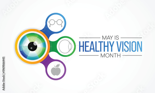 Healthy Vision month is observed every year in May. Taking care of your eyes can be a priority just like eating healthy and physical activity. it can help keep you safe each day. Vector illustration.