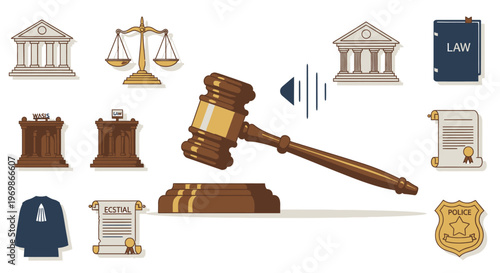 Law gavel and legal symbols icons.