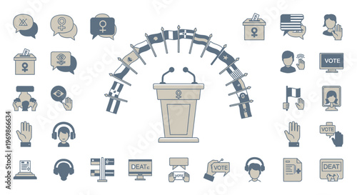 Podium with microphones and icons around.