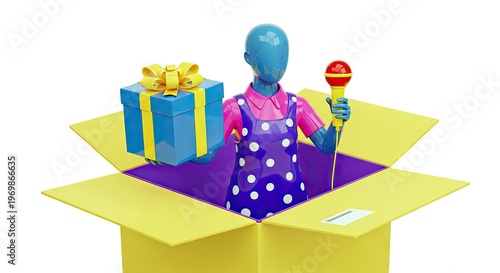 Mannequin holds gift and microphone emerging from a box