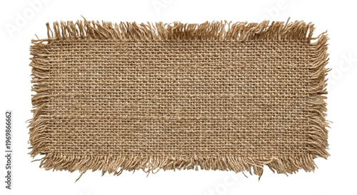 Fotografie Frayed rectangular burlap fabric patch on transparent background
