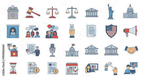 law and justice icons flat style.