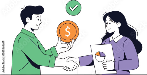 Business partners shaking hands and exchanging money and documents