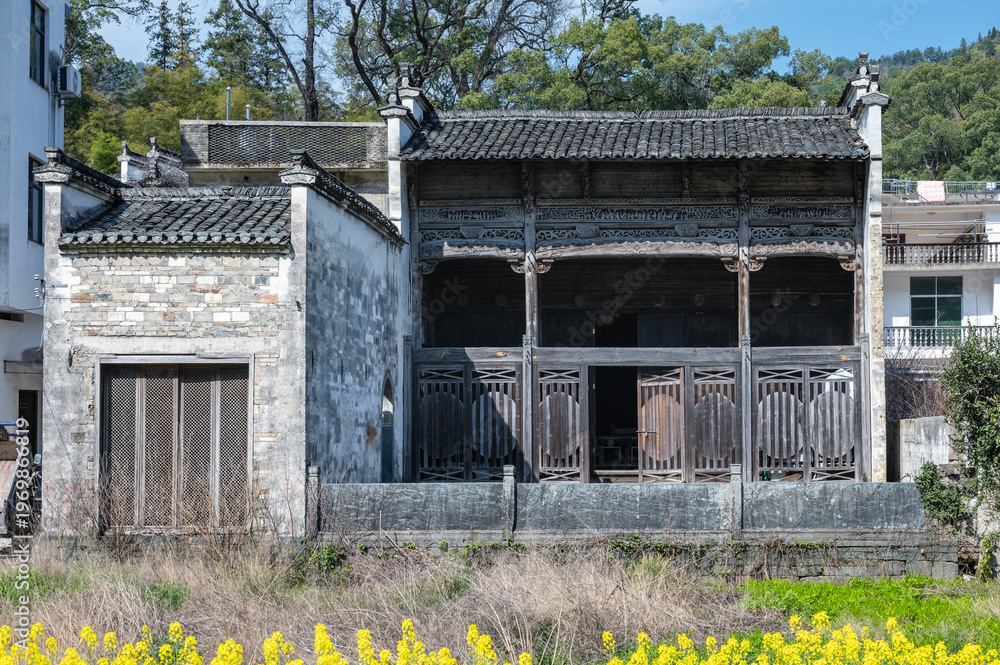 custom made wallpaper toronto digitalAncient Huizhou Timber Hall with Carved Eaves and Stone Wall Amidst Rapeseed Fields