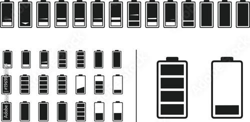 Vector Set of Battery Icons in Various Charge Levels and Designs, Isolated on White Background for Technology, Power, and Electronics Designs