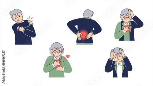  Set of Elderly People Experiencing Different Types of Physical Pain and Health Problems
