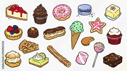 Assortment of Delicious Desserts and Sweet Treats Including Cakes Cupcakes Donuts Pastries and Cookies on a White Background