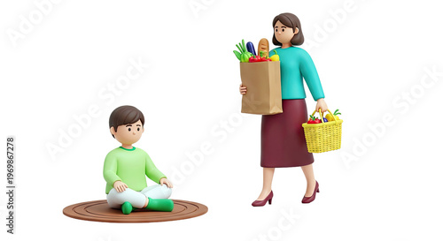 Mother with Groceries and Child Sitting