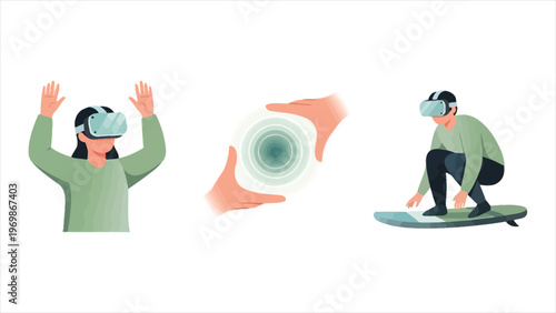 Metaverse and Gaming Concept Flat Vector Illustrations of People Immersed in VR Simulation