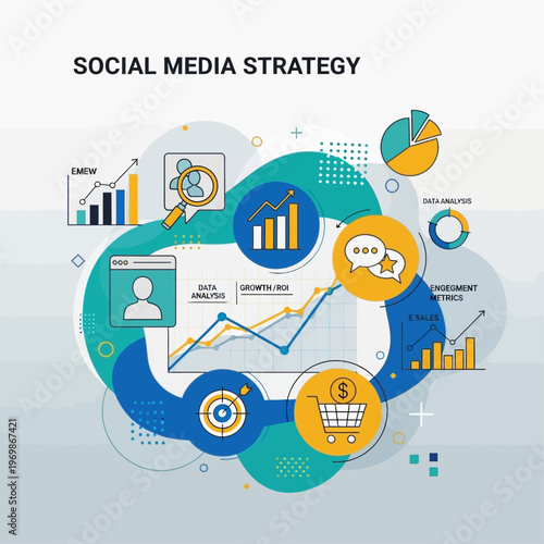 Dynamic Marketing Infographics Illustrating Social Media Optimization and Escalating Financial Success.