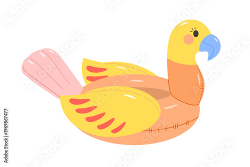 Cute tropical inflatable swimming ring in shape of bird. Vector illustration of children's playful parrot floatie for design of beach summer vacation with children at sea.


