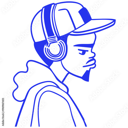 Man with Headphones Cap Hip Hop Cartoon Doodle Illustration